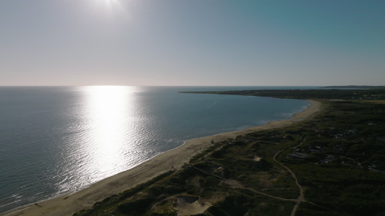 Blue sky and sea on sunny summer day on the west coast of Sweden, drone view panning left
