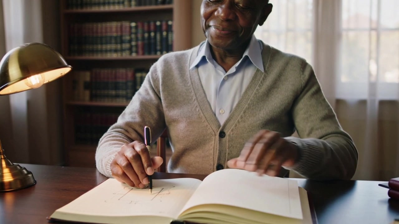 Turning page, African American man in cardigan sketching ledger grid at study with lamp for notes