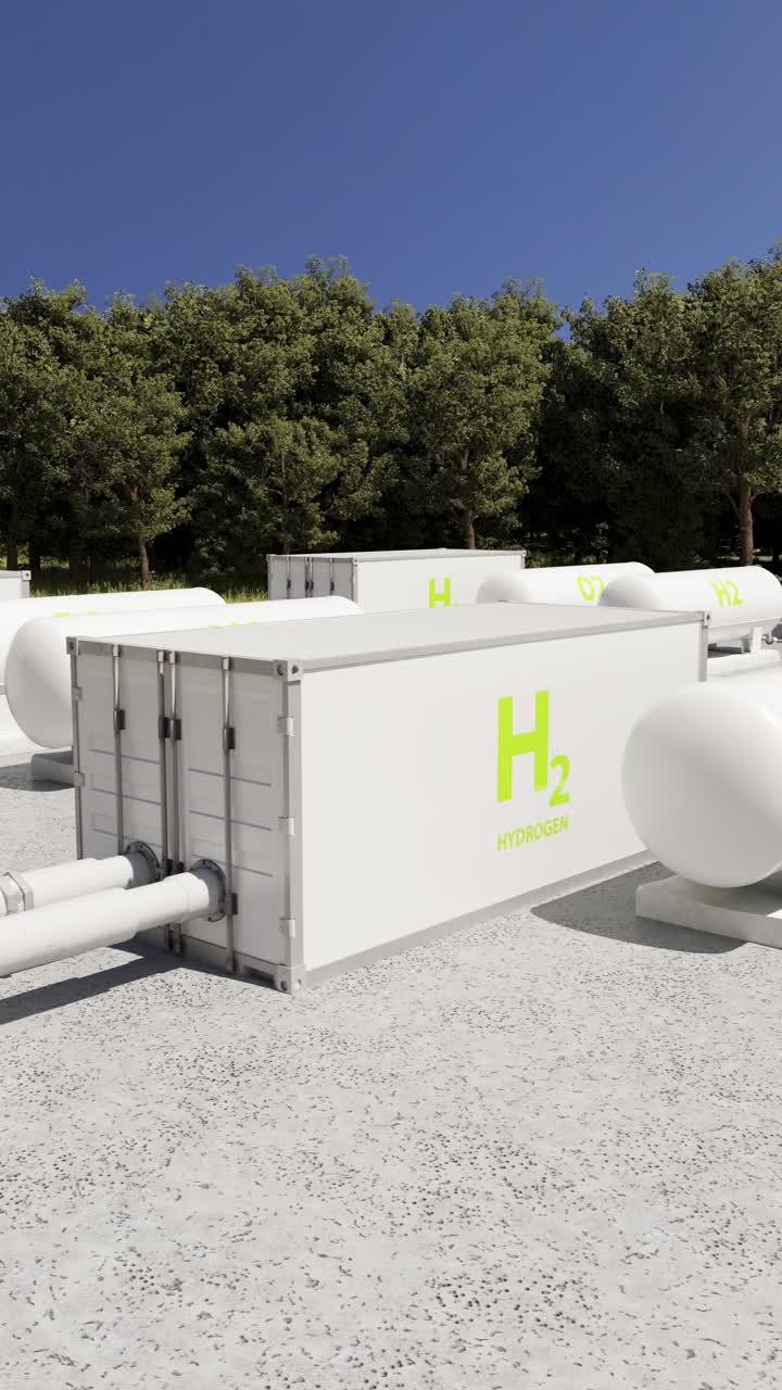 Hydrogen production plant expanding with oxygen tanks. Vertical animation
