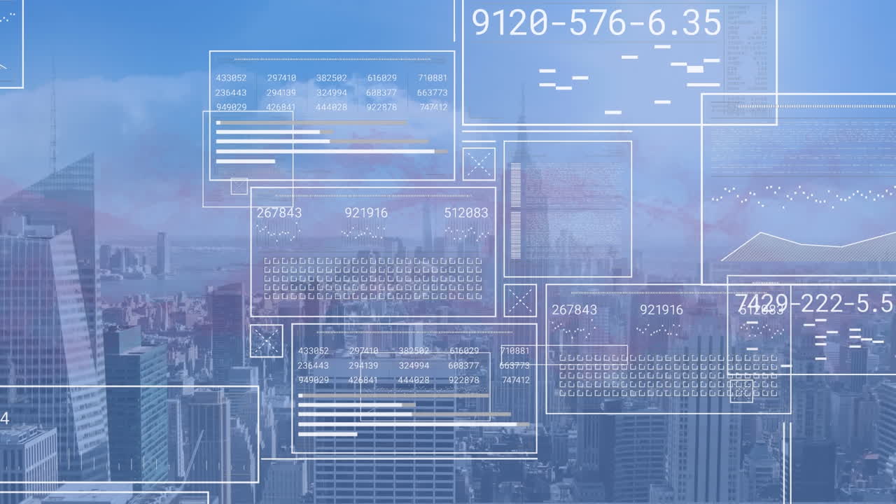 Animation of financial data processing over cityscape