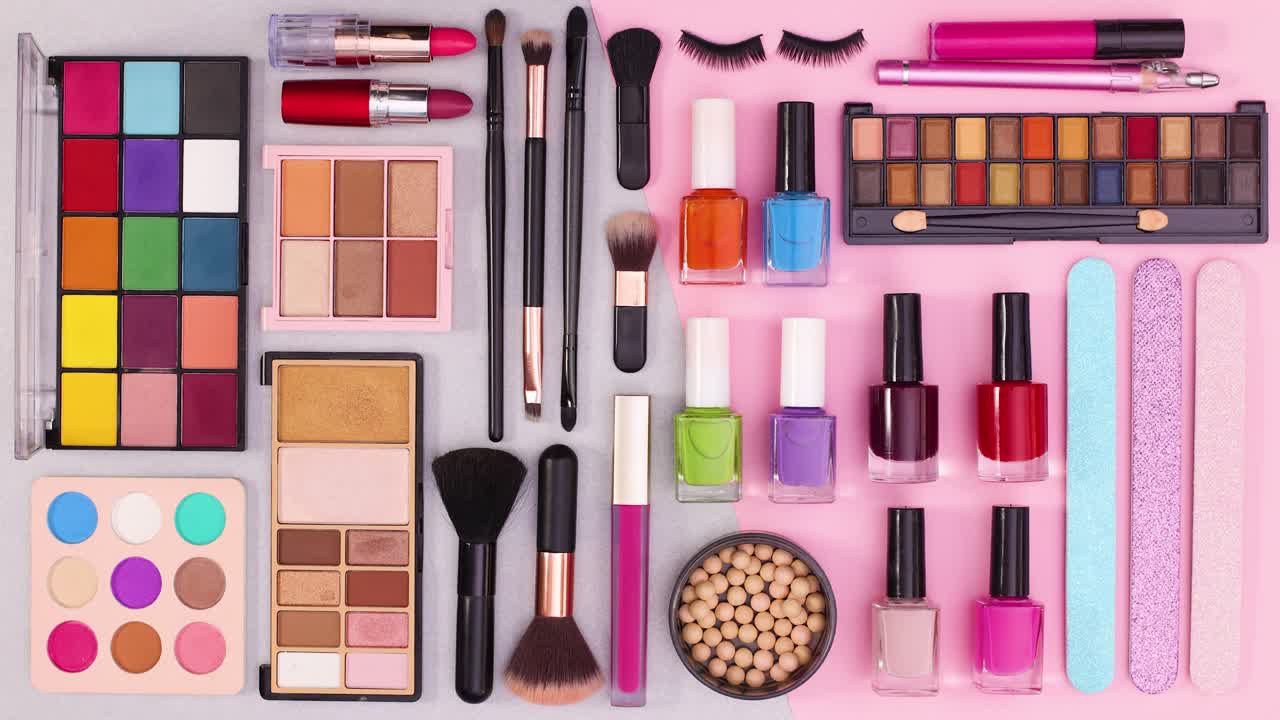 Make up cosmetic products filling background. Stop motion