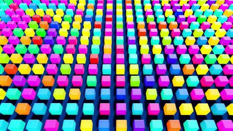 4k abstract loop background with cubes lined up in rows on a plane, neon lighting of cubes, smooth cyclized animation. bg for festive show or holiday events, music videos, vj loop for night clubs.