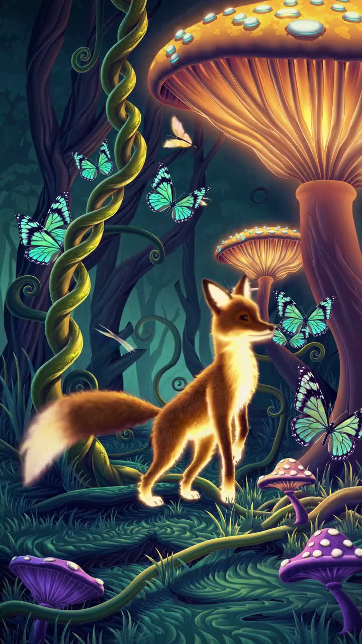 A vibrant, fantasy forest scene with glowing mushrooms and butterflies, featuring a fox