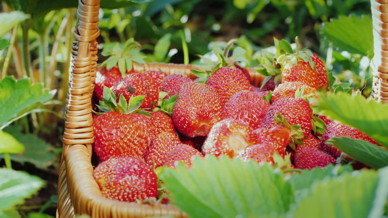 농부는 딸기를 수집하고 딸기는 바구니에 넣습니다.