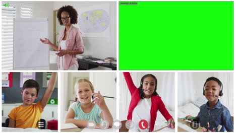 animation of video call with green screen, diverse teacher and four children in online lesson