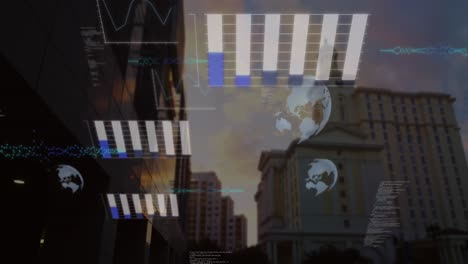 animación del procesamiento de datos financieros sobre el paisaje urbano