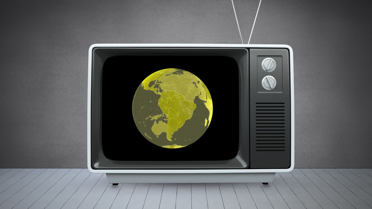 회색 배경 에 있는 빈티지 tv 와 글로브 의 애니메이션