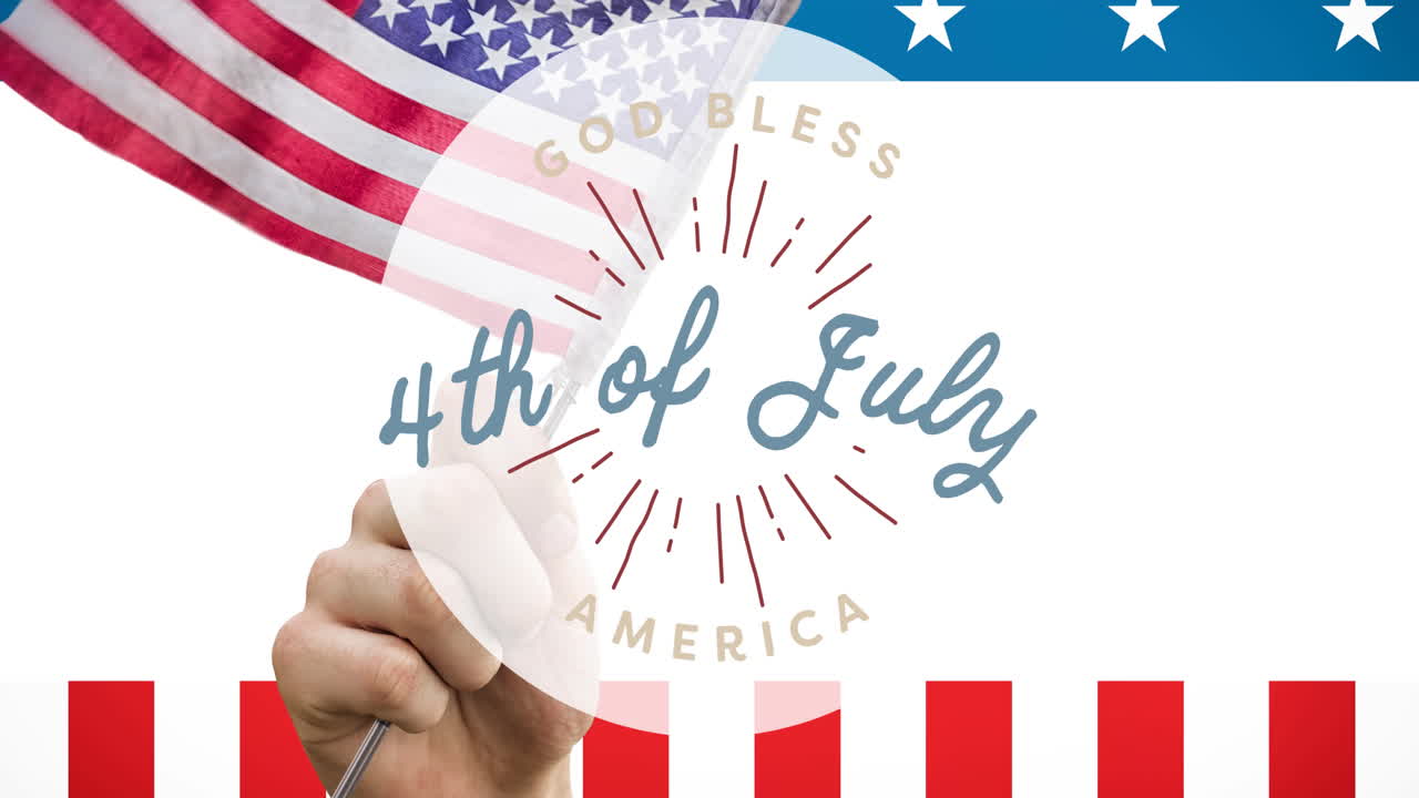 animación del 4 de julio texto sobre persona sosteniendo bandera estadounidense