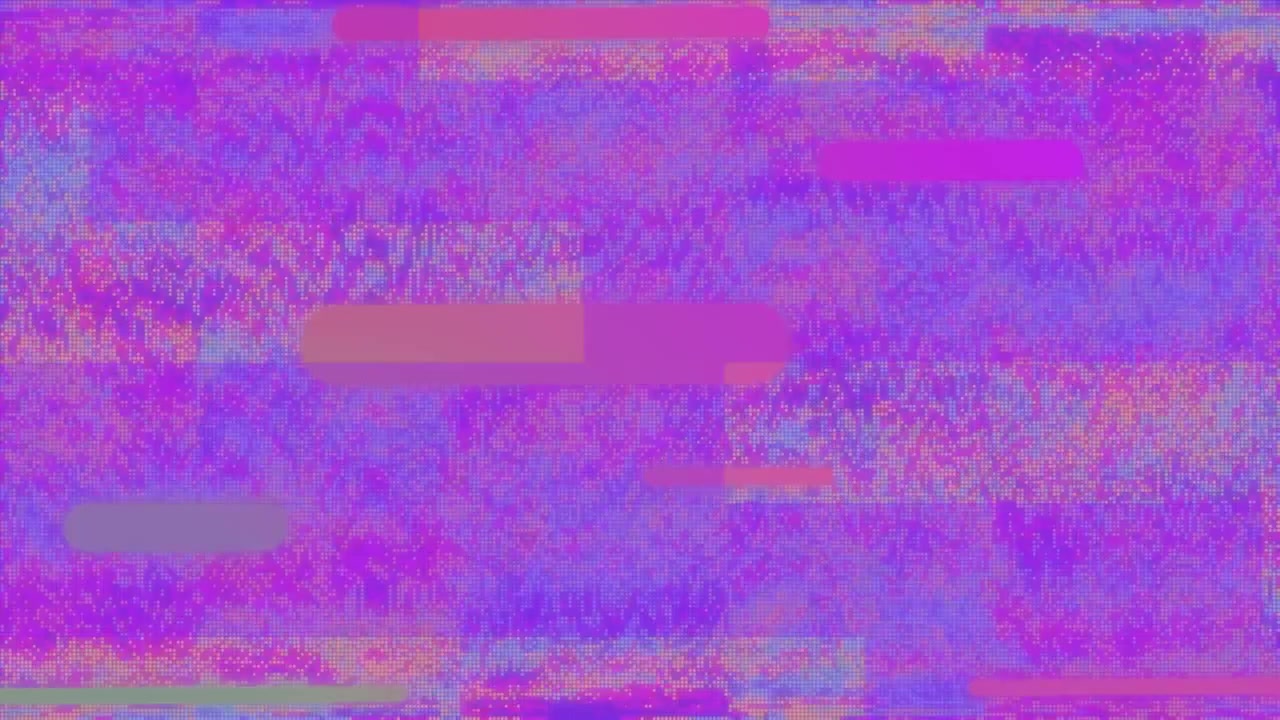 Animace pohybujících se trubic nad růžovým a fialovým glitch pozadím.