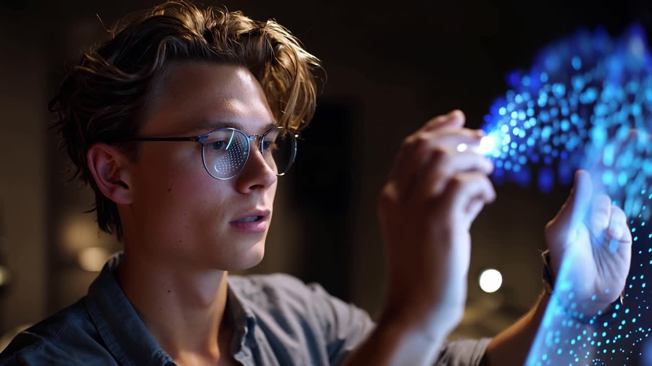 Ung mand kigger på et glødende digitalt display. Hans hånd svæver nær en lysende grænseflade. Blødt lys oplyser et fokuseret udtryk. Teknologisk interaktion antyder innovation eller opdagelse.