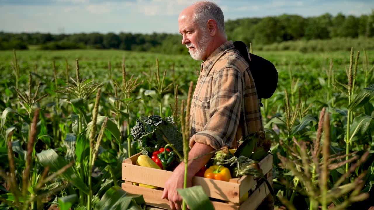 cámara lenta de cerca toma lateral del granjero sosteniendo una caja de verduras orgánicas mirando a la luz del sol agricultura granja campo cosecha jardín nutrición orgánico fresco retrato al aire libre