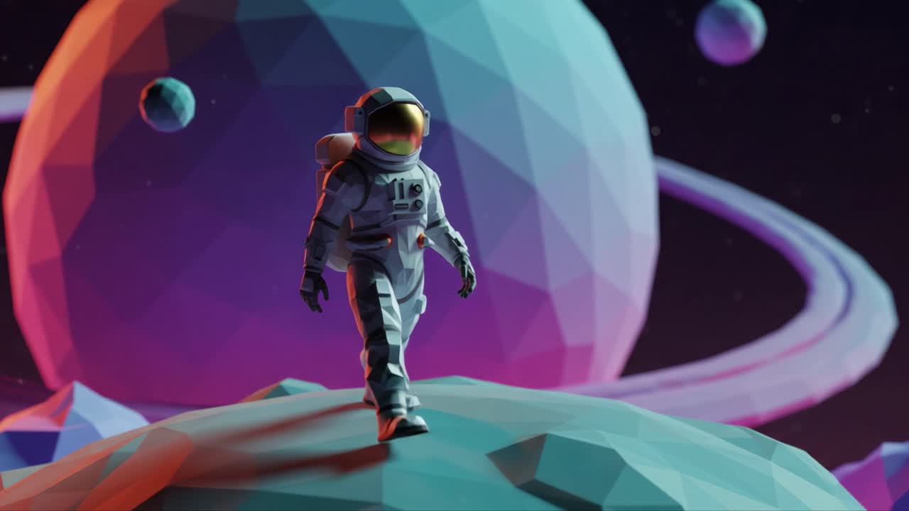 Cosmic Journey: Exploring the Colorful Universe with a Polygons-Style Astronaut on a Celestial Body Surrounded by Stunning Planets and Rings