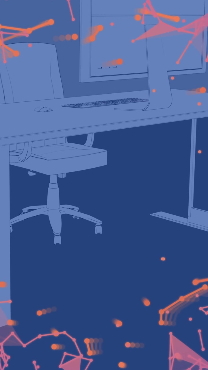 Animazione di reti a plesso su modello 3D di ufficio su sfondo blu