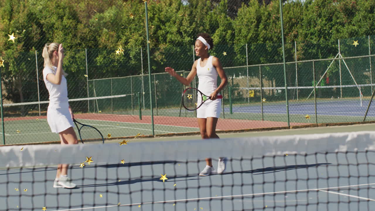 Female tennis players practicing doubles on outdoor court, with animated technology data chart