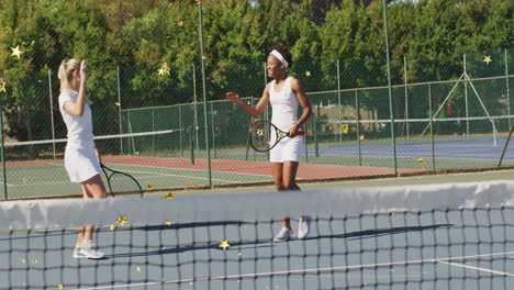 female tennis players practicing doubles on outdoor court, with animated technology data chart