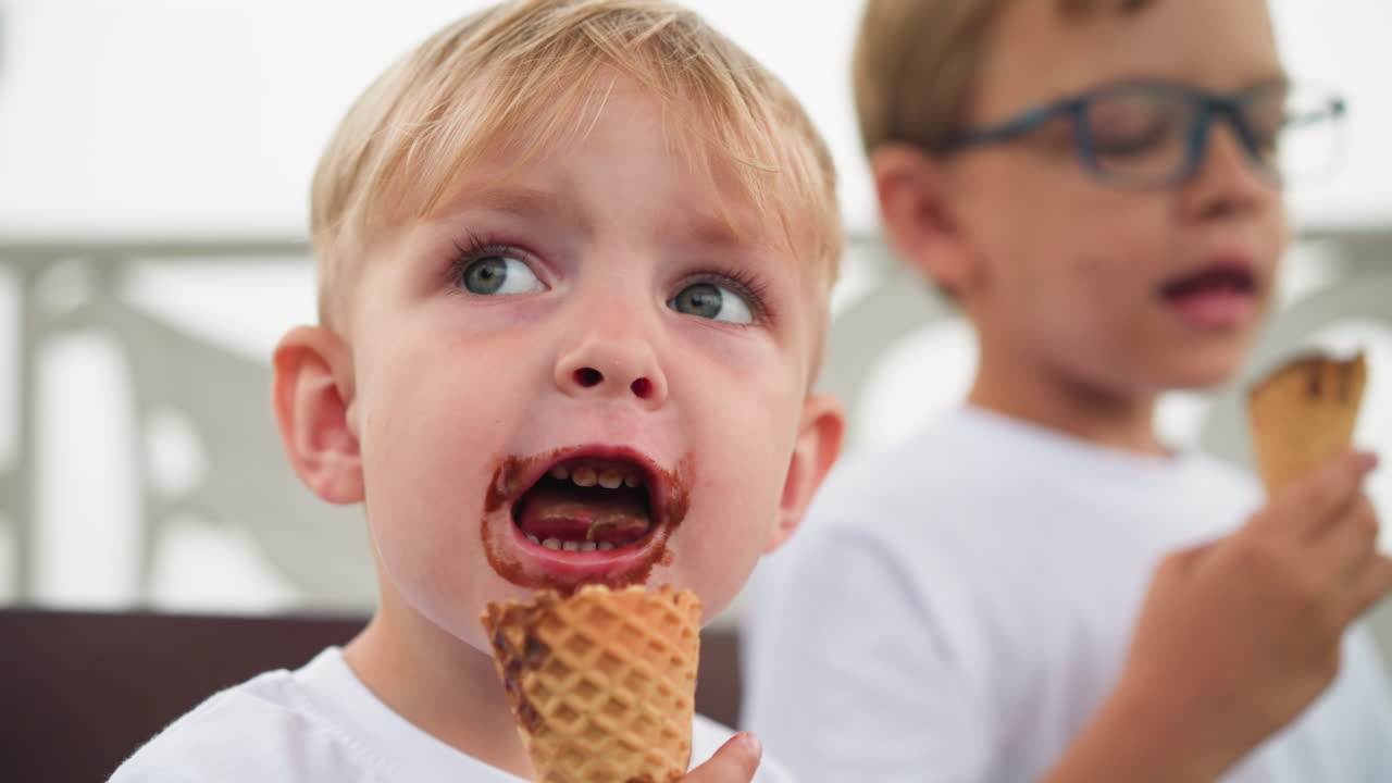 Two young brothers are sitting together, savoring their ice cream cones, the younger one, with chocolate smeared on his mouth, intently enjoys his cone while the older one takes a big bite
