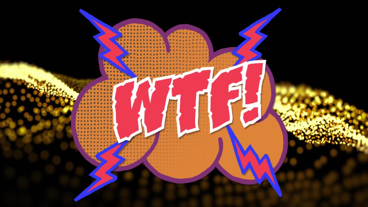 검은색 바탕에 노란색 점 위에 wtf 텍스트의 애니메이션