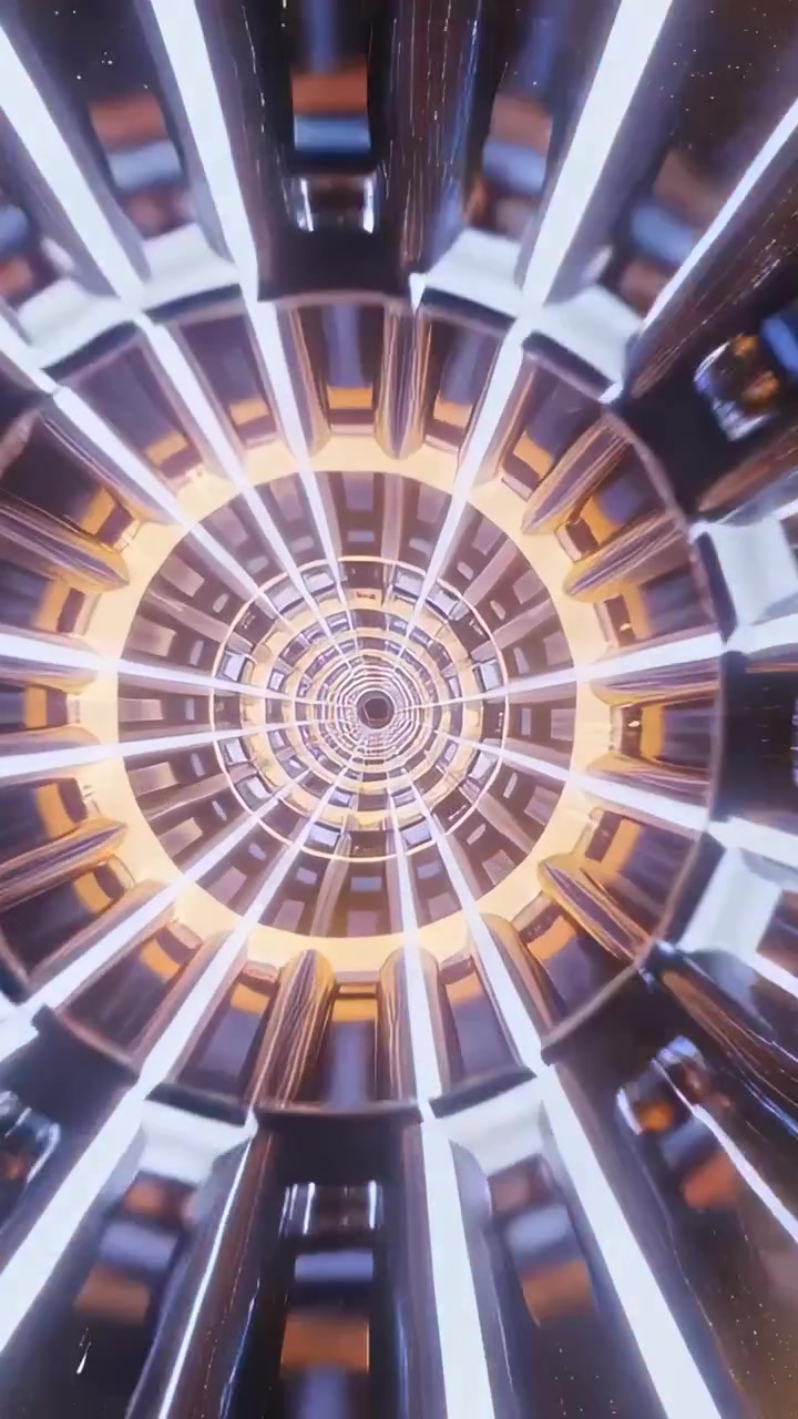 Video verticale: Telecamera in movimento che avanza verso il centro attraverso un tunnel, mostrando anelli ambrati e LED.