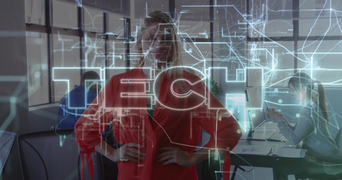 Woman posing in tech office initiating clear holographic network intensifying revealing TECH