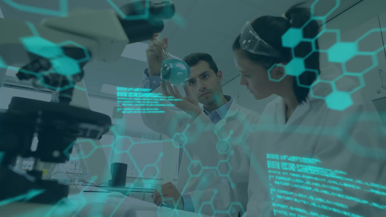 animación del procesamiento de datos científicos sobre diversos científicos en el laboratorio