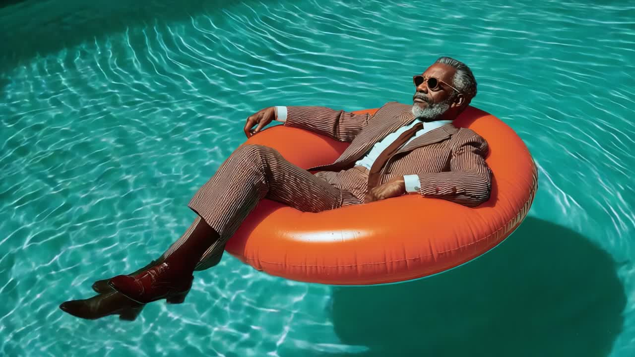 A Stylish Gentleman Relaxing on a Bright Orange Float in a Refreshing Pool, Exuding Elegance and Leisure Amidst Sun-Drenched Waters