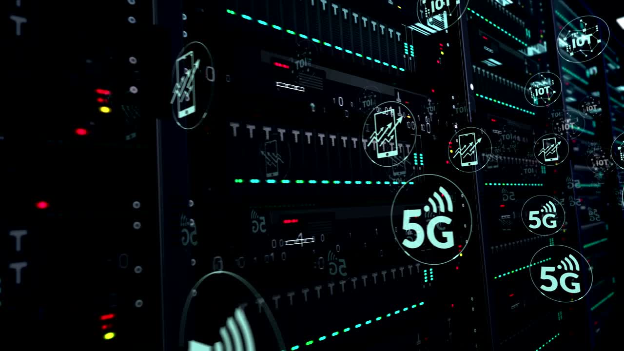 sala server con animazione a ciclo di simboli 5g