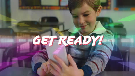 animation of get ready text over caucasian schoolboy using smartphone
