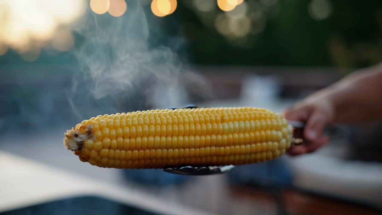 Close-up of a roasted corn cob held in metal tongs with a hand entering from the right, rising steam, warm evening light, and a softly blurred background