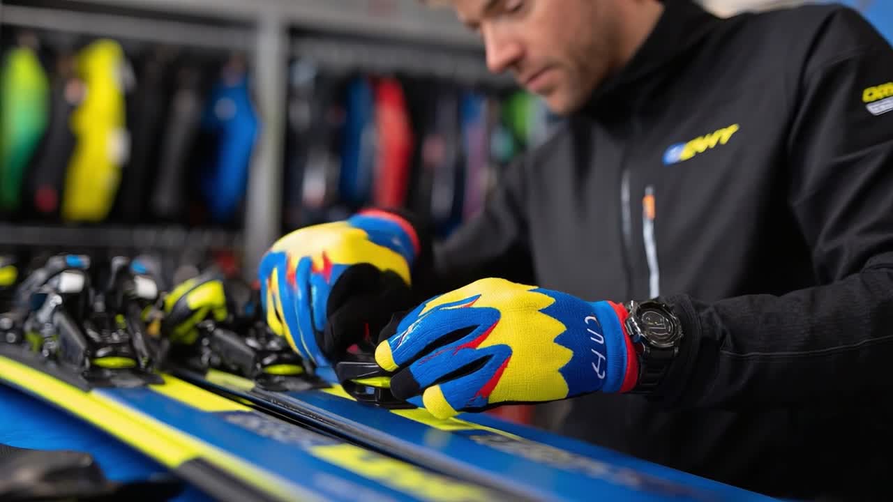 A skilled technician carefully fine-tunes ski equipment, adjusting bindings and ensuring each detail is meticulously addressed for an optimal skiing experience