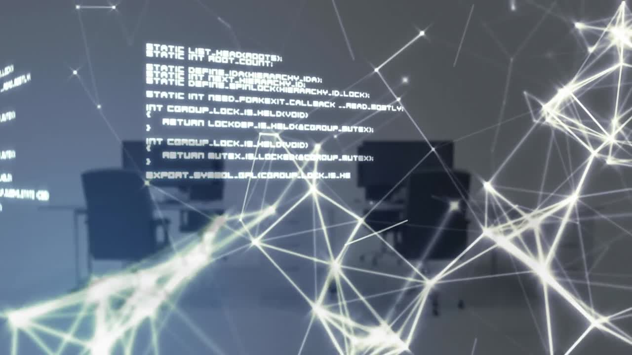 세계 지도와 초점이 맞지 않은 데이터의 애니메이션 배경에 현대적인 사무실