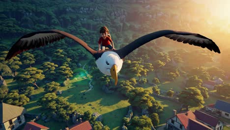 niño volando en un albatros sobre un pueblo