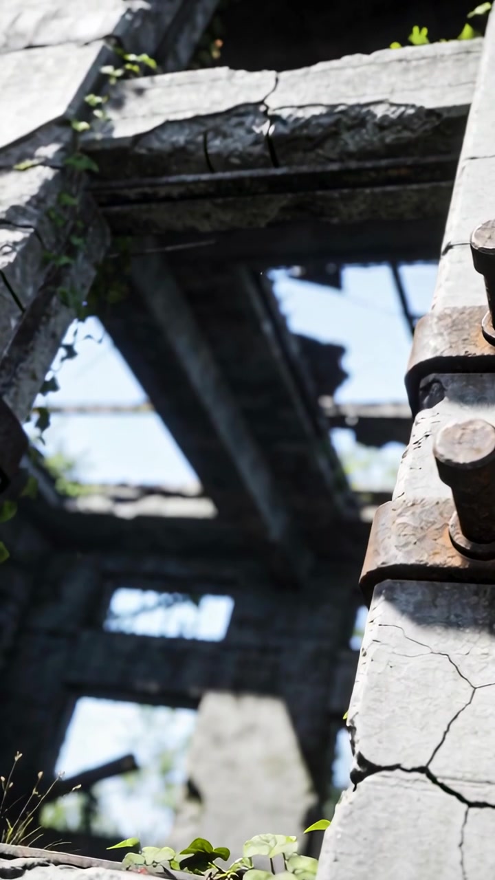 Vertical video: Tilting camera showing column with rusted clamp and grass, documenting, copy space
