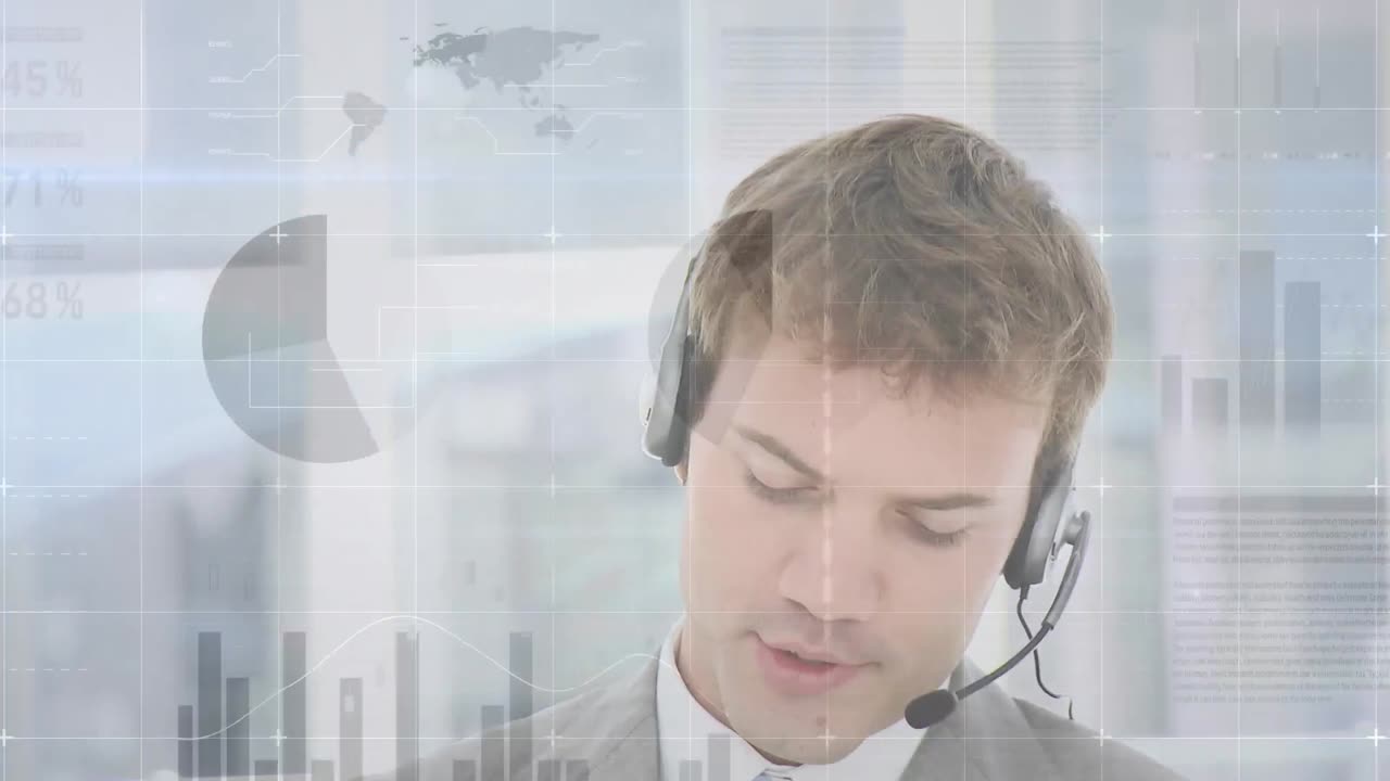 휴대폰 헤드 ⁇ 을 착용 한 사업가에 대한 금융 및 통계 데이터 처리 애니메이션