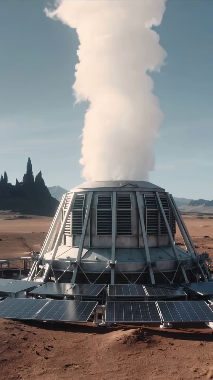 Vertical video: Venting metal dome releasing steam during operation on red plain with solar panels