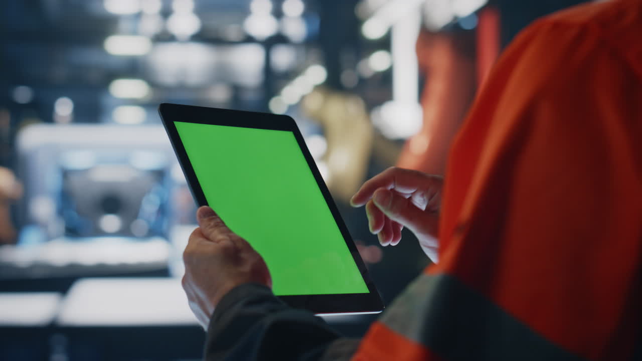 Closeup technician working mockup tablet checking production. Unknown engineer