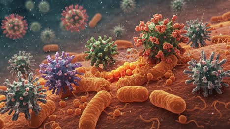 intricate world of microbial life: a close-up view of viruses and bacteria interacting on a cellular surface, showcasing their diverse structures and dynamics