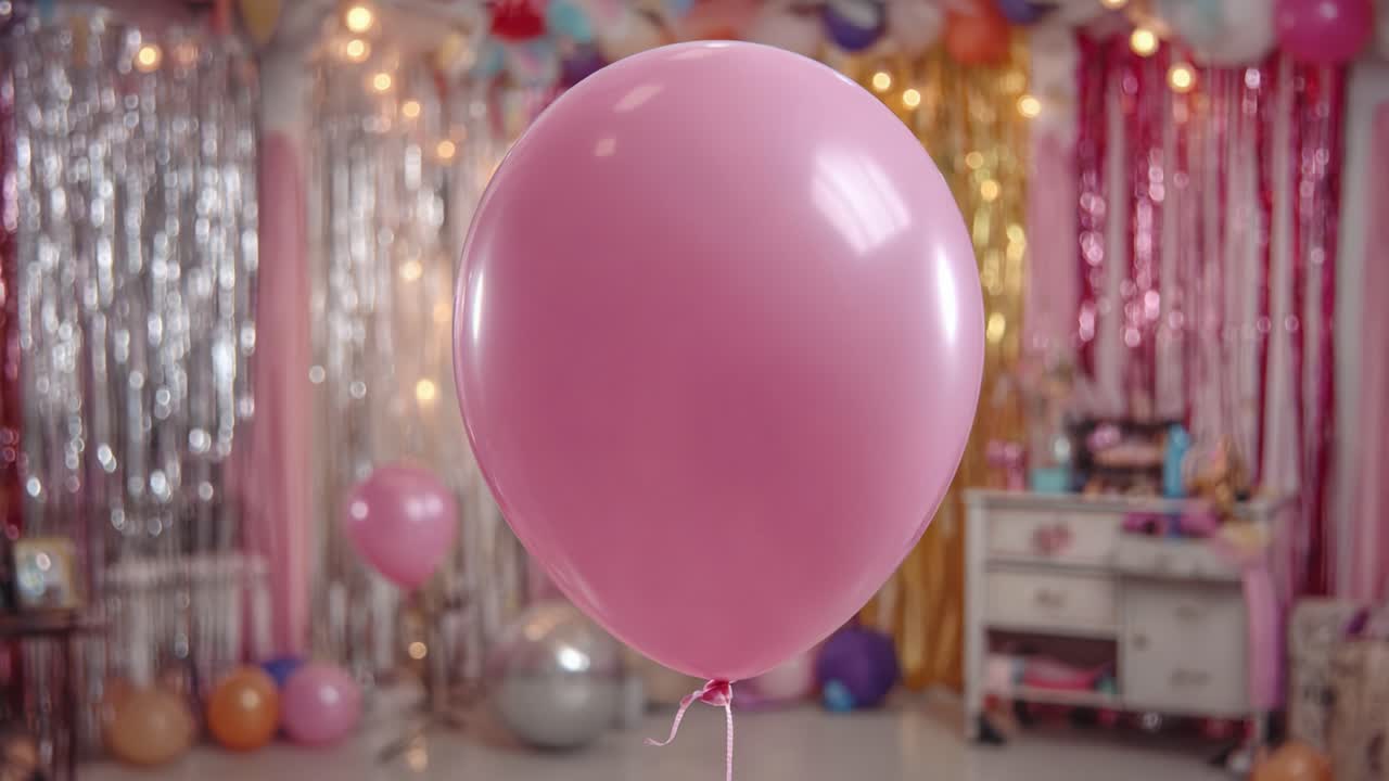 Un bellissimo palloncino rosa circondato da decorazioni colorate in una location festosa, perfetto per celebrazioni e occasioni speciali