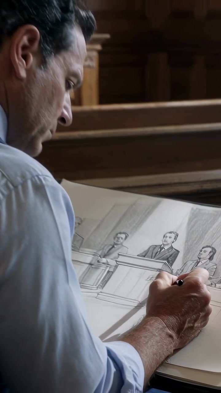 Video verticale: La telecamera inquadra un artista in gilet che disegna in tribunale su un blocco con una matita per documentare un'udienza.