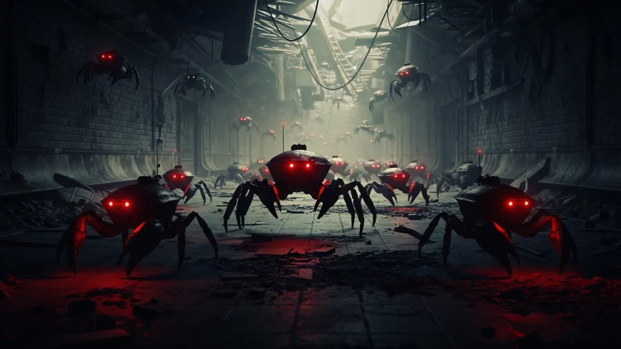In a dystopian underground environment, a swarm of robotic spiders with glowing red eyes navigate through the debris and shadows, creating an eerie atmosphere of technology and menace