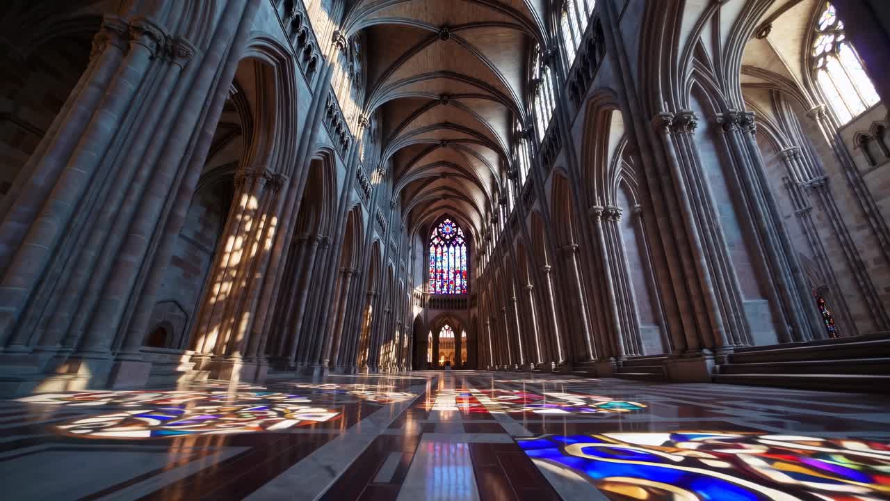 Low-angle video shot of a grand cathedral interior, showcasing intricate stained glass windows