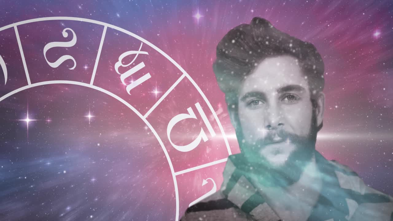 Animazione di interfaccia digitale con ruota dei segni zodiacali sul volto di un uomo