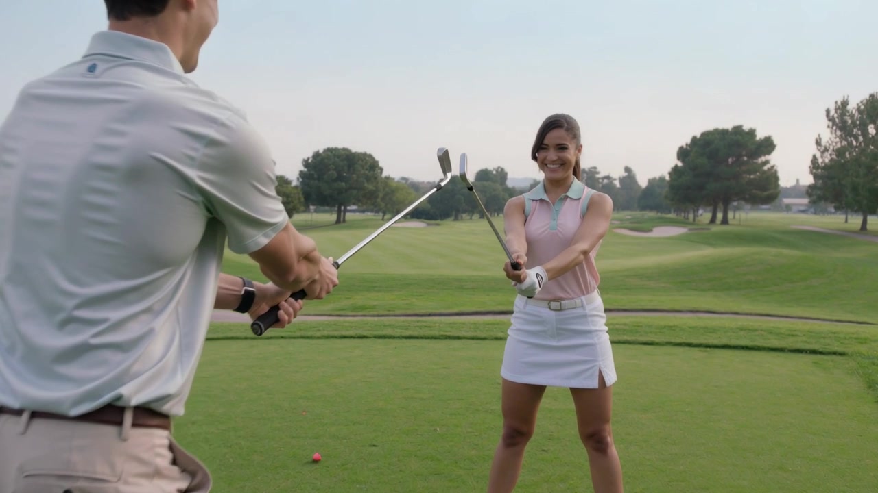 Un uomo che maneggia le mazze, guidando una golfista che imita la presa sul tee, con gonna bianca e pallina da golf arancione.