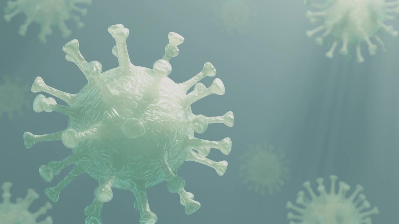 Virus Coronavirus nCoV en bucle continuo giratorio, COVID-19 color verde azulado