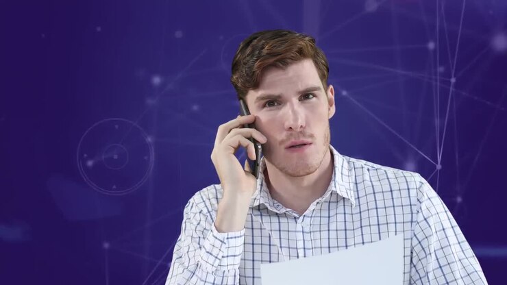 Animation of businessman talking on smartphone over network of connections