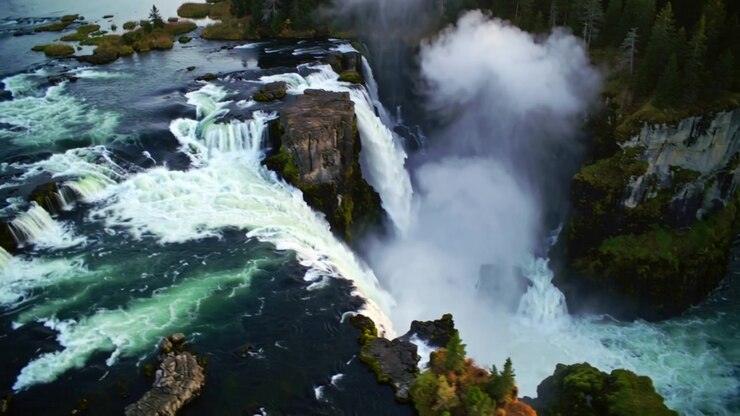 Telecamera aerea in movimento che rivela la cascata principale e la nebbia, catturando l'intera altezza del salto.