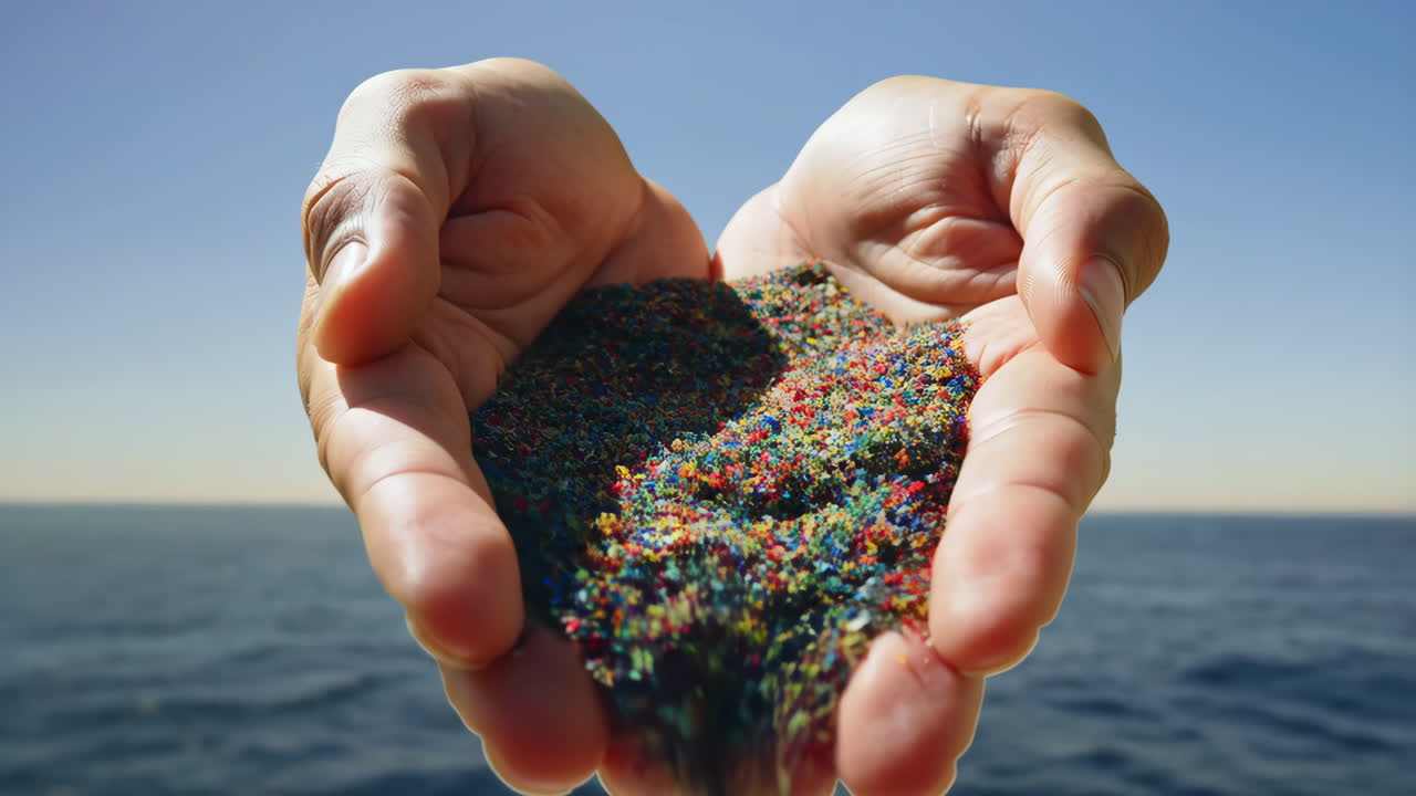 Hands holding colorful microplastics over the ocean