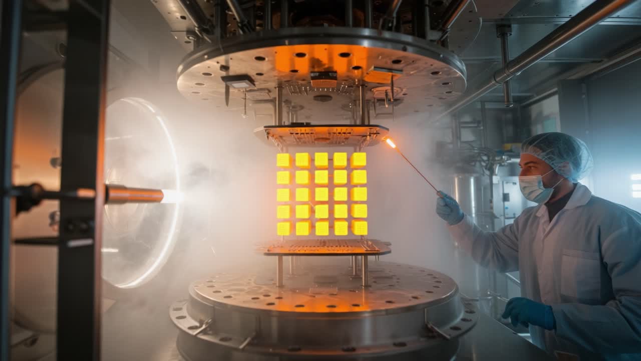 Advanced Manufacturing Process in a Controlled Environment: A Technician Prepares a Precision Material Layer in a High-Tech Chamber