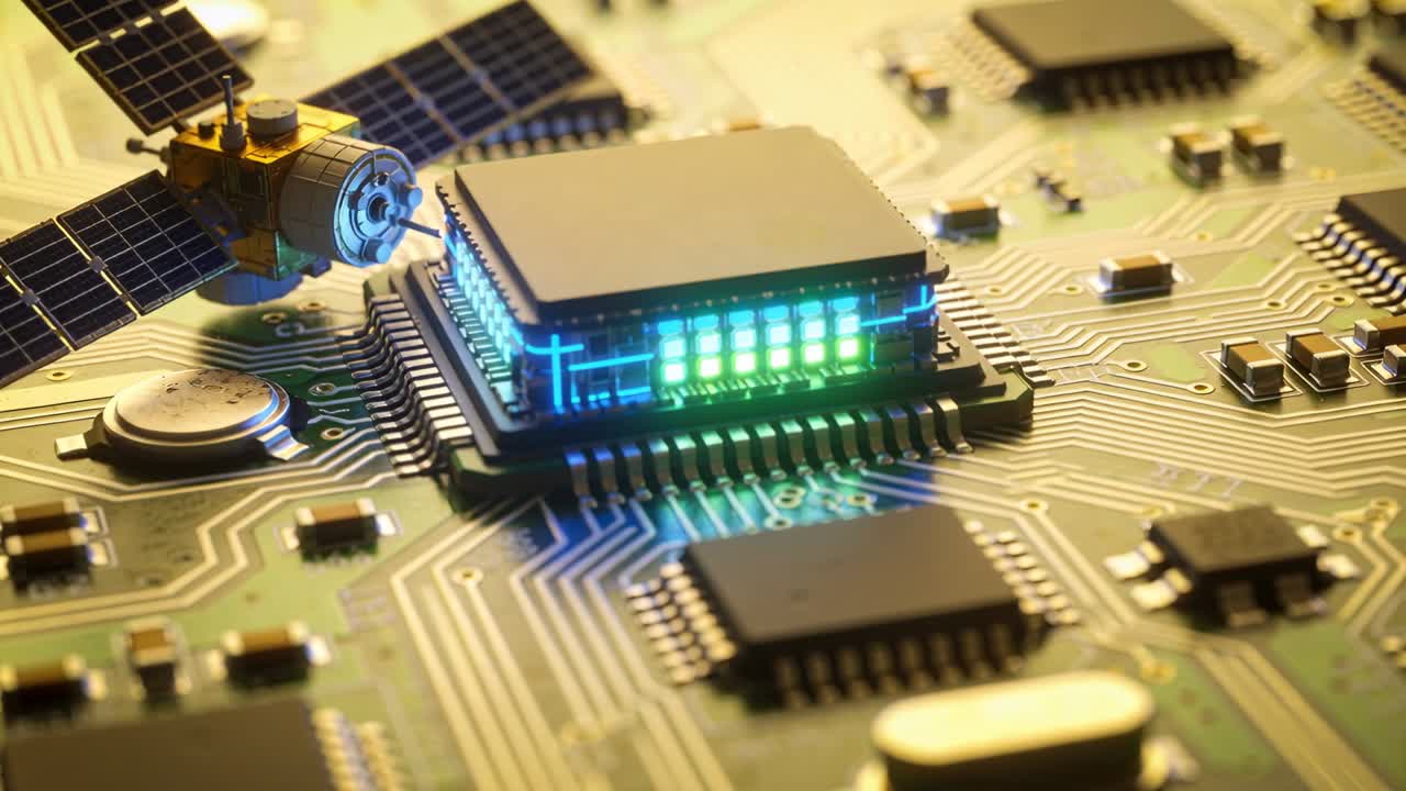 Una sonda in avvicinamento attiva i LED del circuito integrato centrale su un PCB, producendo brillanti riflessi blu-verdi.