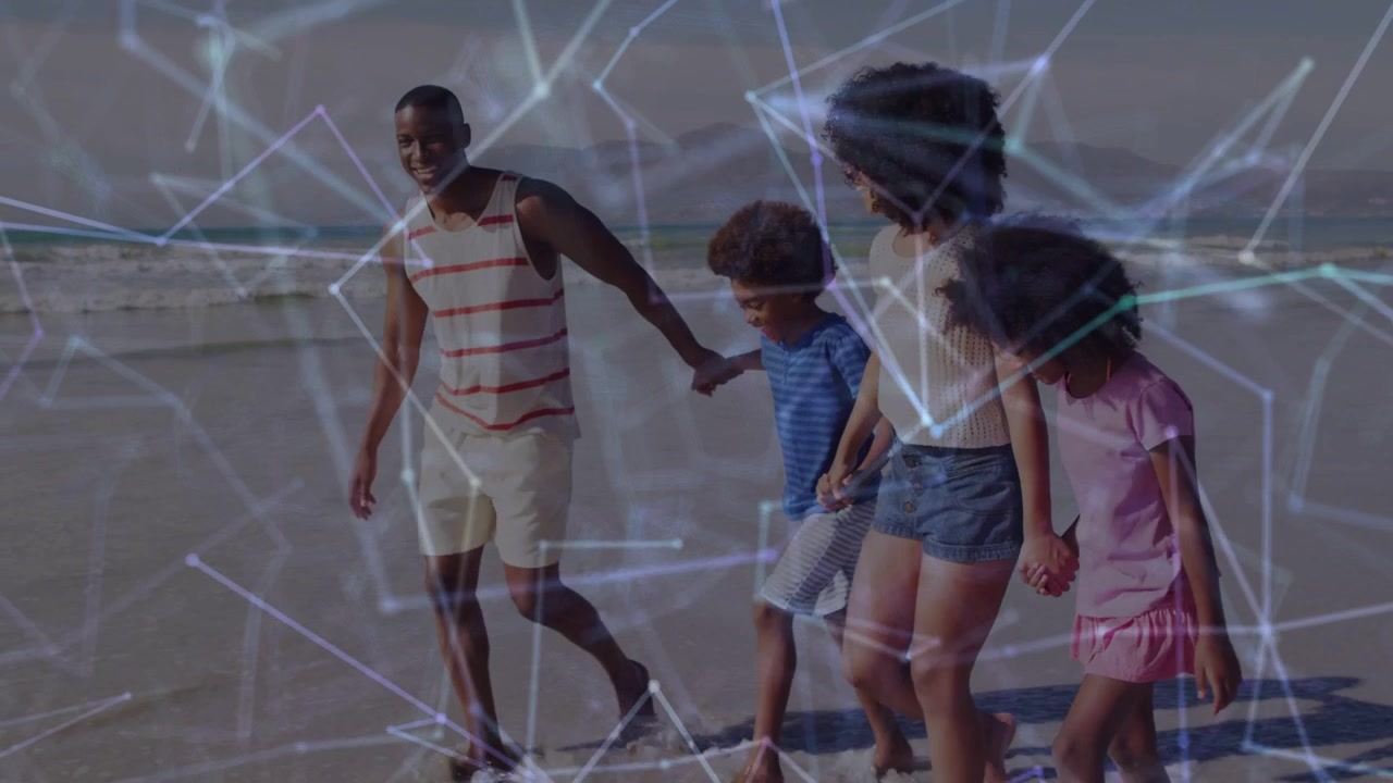 Vertical video: Dad swinging boy, family walking right holding hands with network pulsing, bonding
