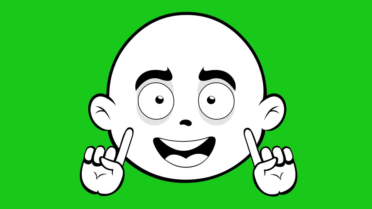 animación en bucle de un personaje de dibujos animados calvo, haciendo el clásico sin gesto con sus dedos índice, dibujado en blanco y negro